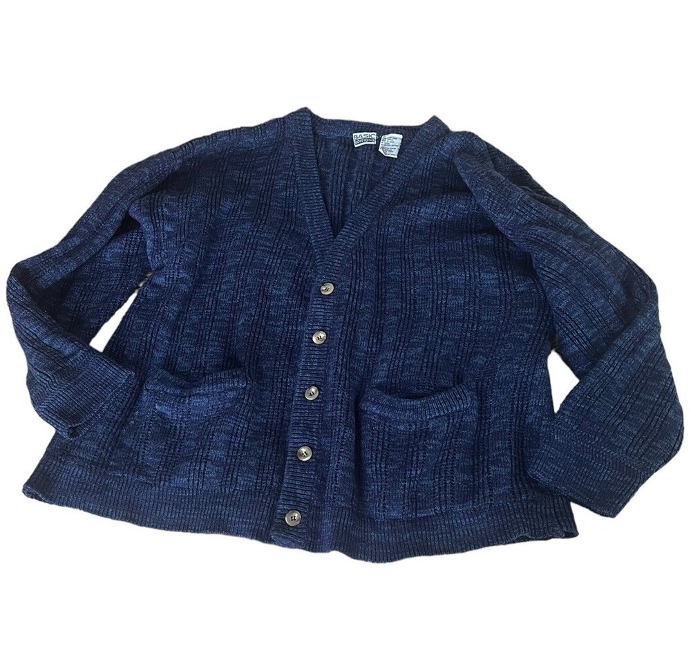 VTG 90s Basic Editions Womens XL Dark Blue Button Front Pockets Cardigan
